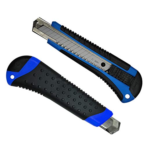 HELO 10 x Profi Cuttermesser Teppichmesser Set (blau) mit 18 mm breiter Abbrechklinge, Klingenführung aus Metall, ergonomisch geformter Anti-Rutsch Gummi Griff, inkl. 2 Ersatzklingen im Gehäuse von Helo