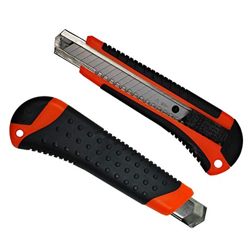 HELO 10 x Profi Cuttermesser Teppichmesser Set (orange) mit 18 mm breiter Abbrechklinge, Klingenführung aus Metall, ergonomisch geformter Anti-Rutsch Gummi Griff, inkl. 2 Ersatzklingen im Gehäuse von Helo