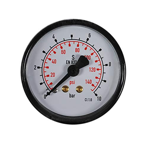 HELO '175330-3' Druckluft Manometer 0-10 bar + psi Messer, 50 mm Ø, 1/4" Anschlussgewinde hinten für gasförmige und flüssige Medien von Helo