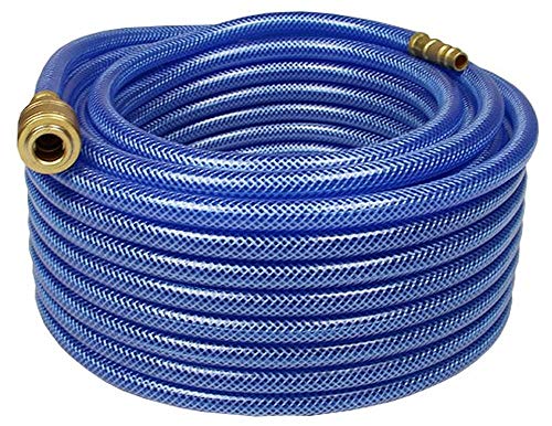HELO 20 m Gewebe Druckluftschlauch 3-schichtig aus PVC blau transparent mit Schnell-Kupplung (1/4 Zoll Anschluss) Gewebeschlauch Kompressorschlauch Ø Innen: 6 mm, Ø Außen: 12 mm, Arbeitsdruck: 15 bar von Helo