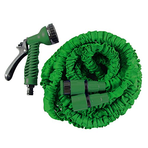 HELO Gartenschlauch flexibler dehnbarer Wasserschlauch 7,5 m ausgedehnt (2,5 m gefaltet), Farbe: Grün - Flexibler Garten Flexischlauch mit verstärktem Gewebe inkl. 7 Funktionen Spritzpistole von Helo