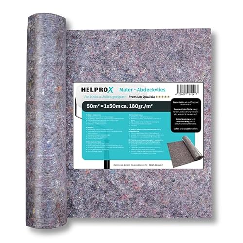 Helprox Malervlies 50m - Malerfliesrolle mit Anti-Rutsch Beschichtung - Abdeckvlies Rolle 180g/m² von Helprox