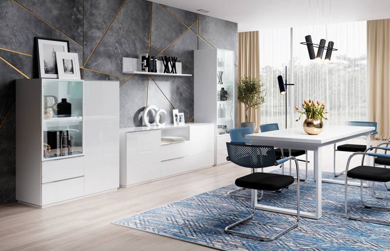 Helvetia Esszimmer-Set Helios, (2 Vitrinen, 1 Kommode, 1 Wandregal, 1 Esstisch, 5-St., Metallgriffe, ohne Beleuchtung), 620x48x195cm weiß / weiß Glas 5 Teilig von Helvetia