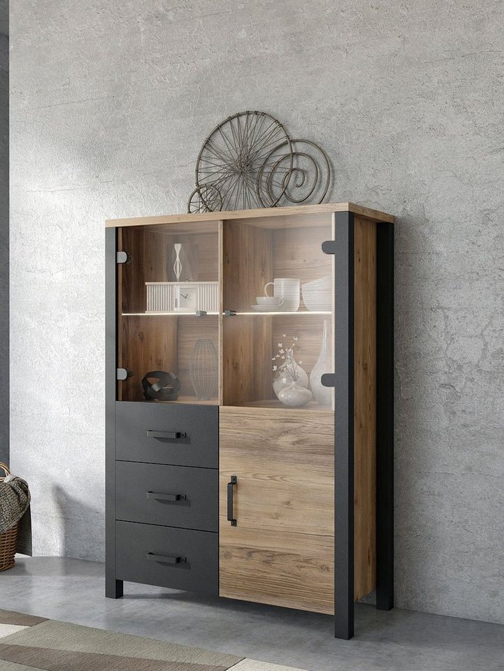 Helvetia Highboard Osuna, 101cm appenzeller fichte - schwarz 3-türig mit 3 Schubladen von Helvetia