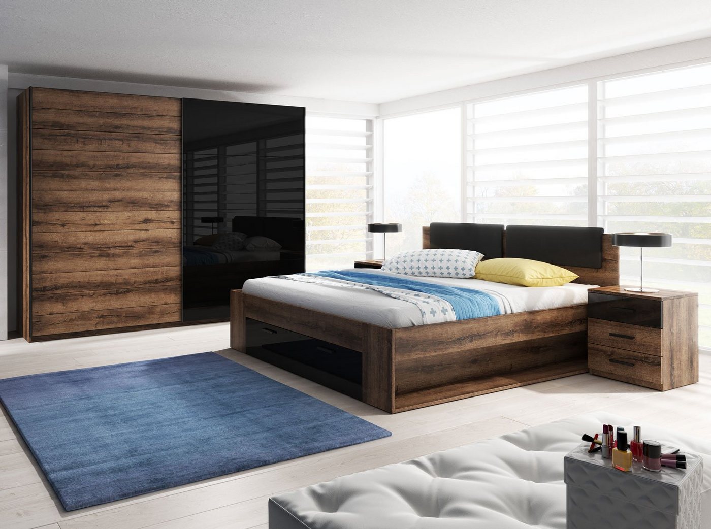 Helvetia Komplettschlafzimmer Granada, (Galaxy, 4-teilig), 480cm monastery eiche, schwarz Hochglanz, schwarz 4-teilig von Helvetia