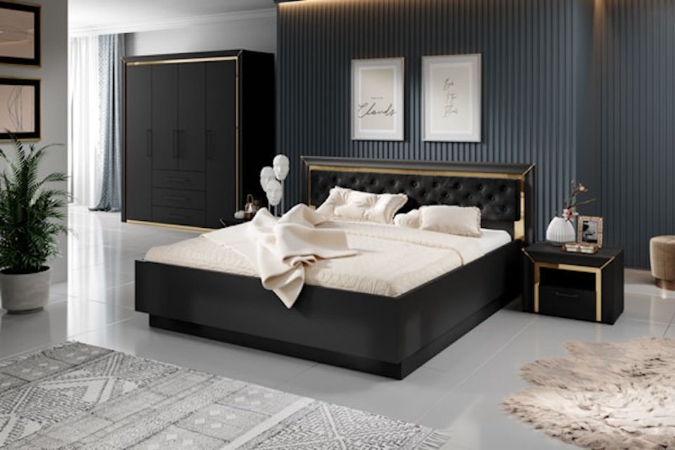 Helvetia Schlafzimmer-Set Ahlen, (wahlweise 160 x 200cm oder 180 x 200cm Liegefläche, wahlweise mit oder ohne Lattenrost), schwarz / Gold Spiegelfolie Ausführung wählbar von Helvetia