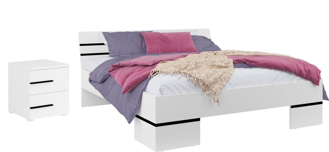 Helvetia Schlafzimmer-Set Violla, (Violla, Bett mit Nachtkonsolen), 160x200cm weiß schwarz mit Nachtkonsolen von Helvetia