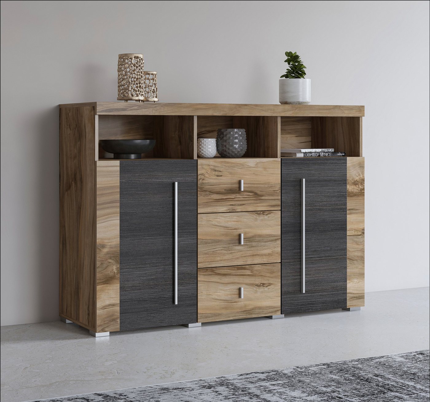 Helvetia Sideboard Roger,Breite 132cm, stilvolle Schrank, 2 Holztüren 3 Schubladen, Kommode mit viel Stauraum, Einlegeböden verstellbar von Helvetia