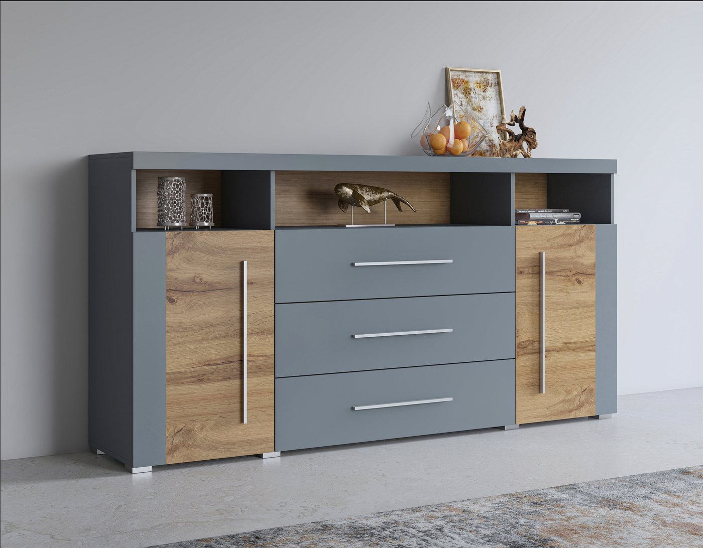 Helvetia Sideboard Roger,Breite 182cm, stilvolle Schrank, 2 Holztüren 3 Schubladen, Kommode mit viel Stauraum, Einlegeböden verstellbar von Helvetia