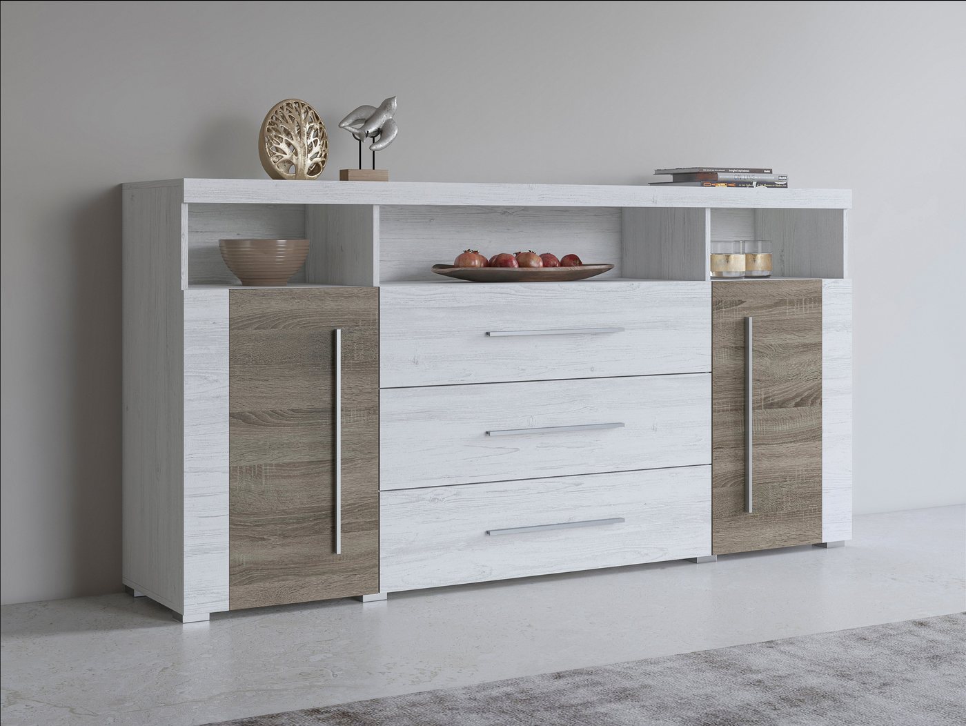 Helvetia Sideboard Roger,Breite 182cm, stilvolle Schrank, 2 Holztüren 3 Schubladen, Kommode mit viel Stauraum, Einlegeböden verstellbar von Helvetia