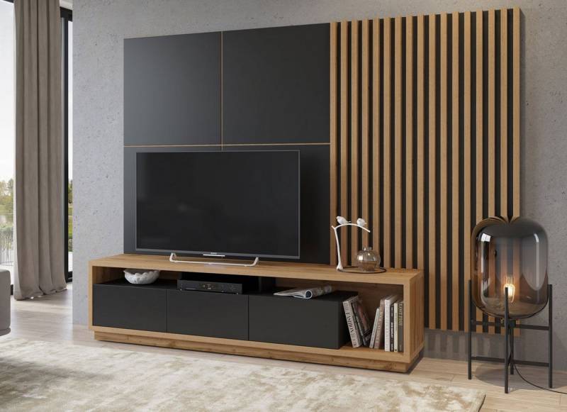 Helvetia Wohnwand Celine, (Set), 4-teiliges Wohnzimmer Set 251x45x196cm wotan eiche / schwarz matt von Helvetia