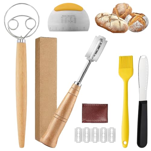 Bäckermesser Set, Brotklinge, Teigschaber, Brotschneidewerkzeug, Brotschneidemesser, Inklusive Bäckermesser, Backen Bürste, Teigschaber und Schneebesen, Ideal für Heim Und Professionelle Backen von Helweet