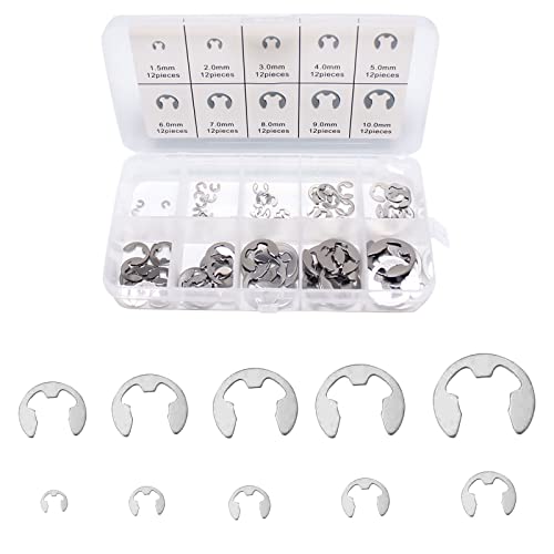 E Clip Sicherungsring, E Clip Sprengring, Intern Sicherungsring, Edelstahl E-Clips Sicherungsringe10 Größe Interner Externer Druckknopf mit Aufbewahrungsbox, für Wellenbefestigungsteile, 120Stück von Helweet