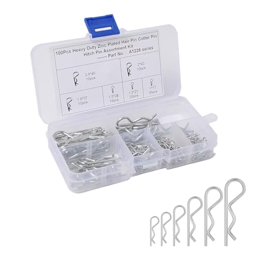 Federstecker, Federsplinte, R Splinte, Cotter Pins, R Clips Splinte Sortiment Kit, Haltestifte Clips, Auto Body Clip Pins, 6 Größen 100 Stück R Federstecker mit Aufbewahrungsbox, Für Autos, Mäher von Helweet