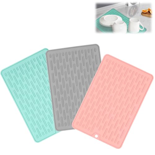 Abtropfmatte Aus Silikon, Abtropfmatte für Geschirr, Silikon Geschirr Trockenmatte, Spülmatte Abtropfunterlage, Geschirr-Abtropfmatte, 3 Stück, Blau + Grau + Rosa (20X30cm) von Helweet