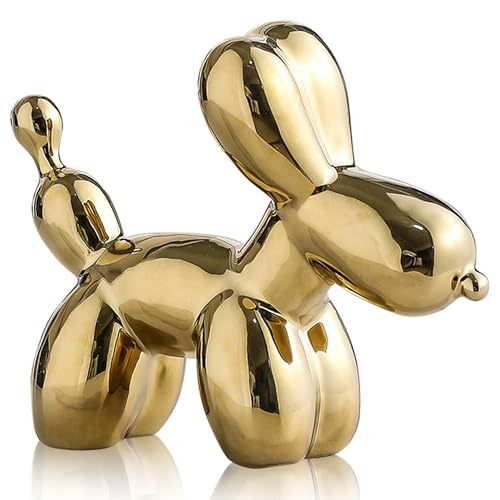 Helxcare Gold Ballon Hund Statue - Moderne Keramik Tier Skulptur Kleine Dekofigur für Zuhause & Büro Schreibtisch, Regal oder Schrank Stilvolle Dekoration von Helxcare