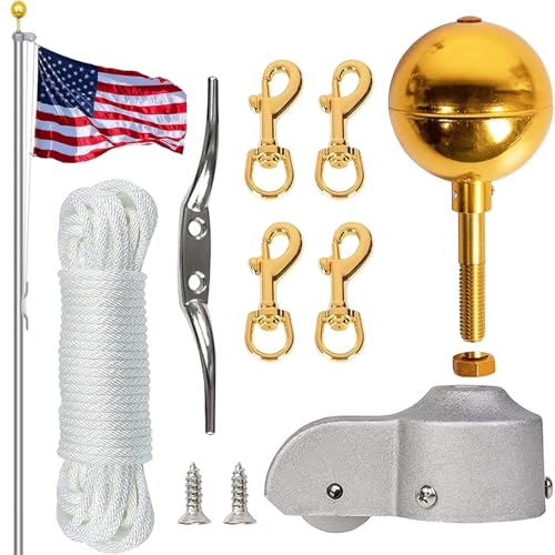Flags -Stangenseil -Kit, Flaggenpol -Teile wie 3 Toper Gold Ball, 50 Fuß Halyard -Seil, 4 Schwenkschnappclips und mehr, Veranda im Freien, Fahnenmasten Reparaturersatz für Veranda Flags -Stangenseil -Kit, Flaggenpol -Teile wie 3 Toper Gold Ball, 50 Fuß Halyard -Seil, 4 Schwenkschnappclips und mehr, Veranda im Freien, Fahnenmasten Reparaturersatz für Veranda von Hemore
