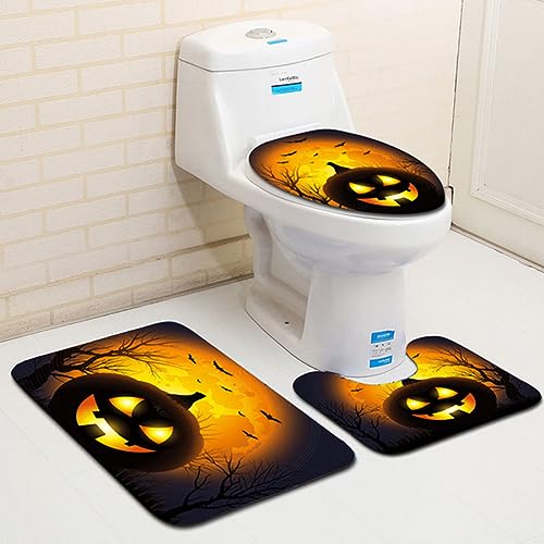 Halloween Badezimmer Teppiche Set, 3pcs/Set Horror Kürbis gedrucktes Badteppich mit Toilettendeckel, Badezimmer Nicht-Schlupfmatte für Badezimmer Halloween Dekoration von Hemore