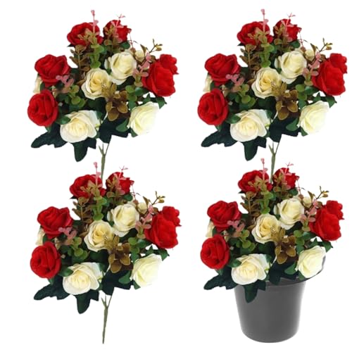 Hemore Friedhofsblumen für Grab, 4 Bündel künstliche Rosengrabblüten mit 16 Löchern Einfügen Vasen, künstliche Blumen für Grabdekor (rot) von Hemore