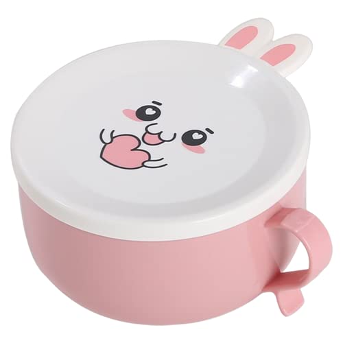 Hemore Noodle Bowl, 3,4 x 5,8 Zoll Edelstahl Doppelschichtiger Instant Noodle Bowl mit Deckel und Griff, Cartoon Kaninchen Patten Lunchbox, isolierte Ramenschale für Bürowohnheim (Pink) von Hemore