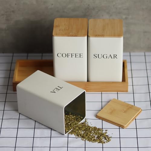 Hemore Tee Kaffee Zuckerkanister Set mit Tablett, 3 PCS-Set, Eisen-Tee- und Kaffee-Gläser mit Bambusdeck von Hemore