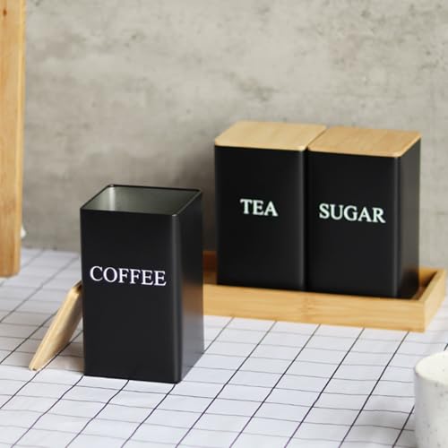 Hemore Tee Kaffee Zuckerkanister Set mit Tablett, 3pcs Set, Eisen-Tee- und Kaffee-Gläser mit Bambusdeck von Hemore