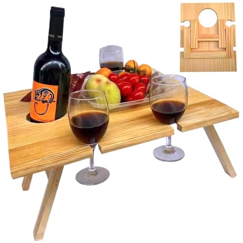 Hemore Tragbarer Picknicktisch Holz 13x12X6 Klapper Picknicktisch mit Weinglashalter Slot & Weinflaschenhalter Loch für Rasengarten im Freien Gartenpark im Freien von Hemore