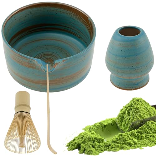 Matcha -Kit, 4PCS Japanische Matcha -Tee -Set beinhaltet Bamboo Whisk, Keramikschale, Löffel, Halter für Teeliebhaber, Blau, Set von Hemore