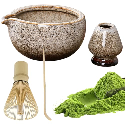 Matcha Whisk Set (4PCS), Keramik -Matcha -Schüssel mit Ausguss und Schneebesen, Schaufel, Chasen -Halter, perfekte Tee -Herstellungswerkzeuge für eine traditionelle Teezeremonie, Set von Hemore