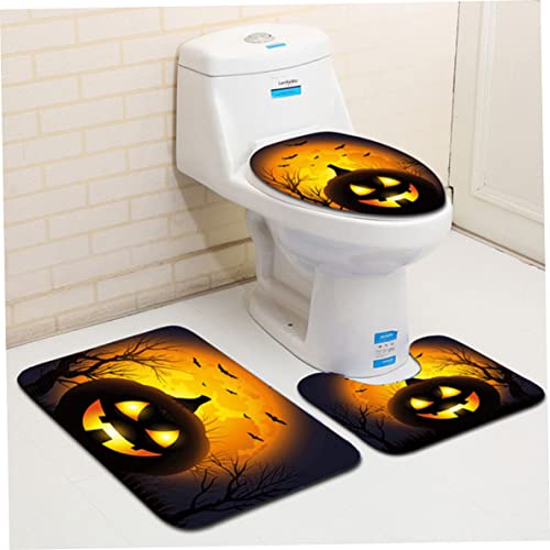 Toilettensitzabdeckungsset, 3PCS Halloween Kürbis -Badezimmerteppiche und Matten Set, Nonslip Bad Matte, Toilettendeckelabdeckung für Halloween -Dekorationen von Hemore
