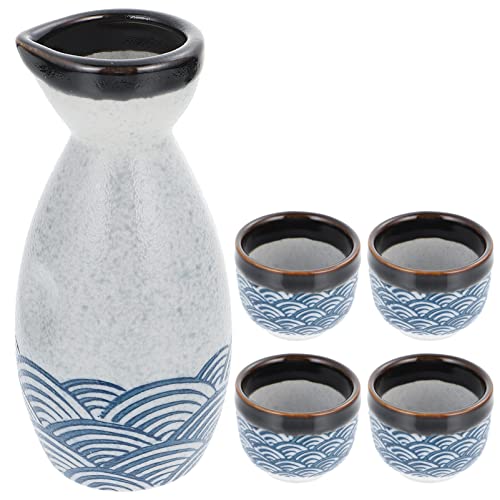 HEMOTON Sake Set Japanische 5-Teilig Sake Becher Sake Karaffe Keramiktassen Japanische Keramik Liquor Sake Set Weingläser Tassen Glasiert Sea Ripple Sake von HEMOTON