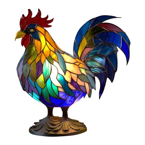 Hemousy Buntglaslampe, Buntglas-Tierlampe - Hahn-Buntglas-Retro-Harz-Tischlampe - Retro-Geschenke, Heimdekoration, Einweihungsgeschenke für Wohnzimmer, Schlafzimmer, Zuhause, Weihnachten von Hemousy