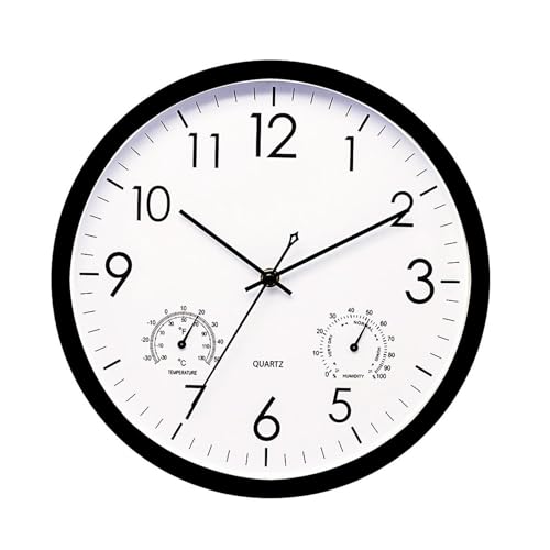 Hemousy Wanduhr mit Temperaturanzeige und Luftfeuchteanzeige, 30 cm Durchmesser Wanduhren, Küchenuhr, Wasserdicht Badezimmer Uhr Elegante Retro Wall Clock,Schwarz/Weiß von Hemousy