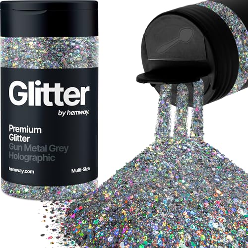 Hemway Gun Metal Grau Holografisch 5 Größe Glitzer Mischen 120g/4.2oz Fein Grob Metallisch Harz Handwerk Multi-Größe Glitzer Paillette Shaker für Epoxid, Haare Gesicht Körper Auge Nagel Kunst von Hemway