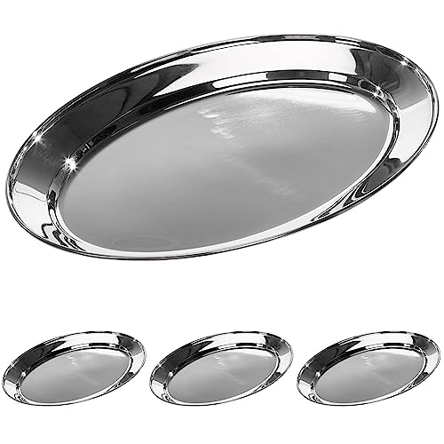 HENDI 404201 Serviertablett, Oval, Catering, Sandwichplatte, Tablett Edelstahl, 300x220mm, Edelstahl,Silber (Packung mit 4) von HENDI