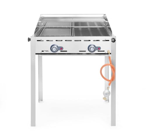 HENDI Grillsystem Green Fire 2 Brenner, mit emaillierte Grillplatte und Grillrost aus Gusseisen GN 1/1, mit Windfang, nur für Verwendung im Aussenbereich, 740x612x(H)825mm, 11,6kW, Edelstahl 18/0 von HENDI