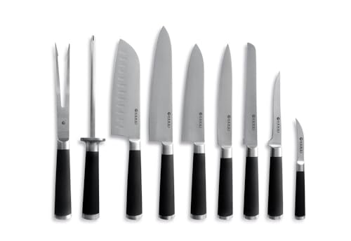 HENDI Messerset, 9 teilig, Lebensmittel konform, mit rutschfester Gummierung, mit Bequeme Tragetasche, Küchenmesser, Kochmesser, Edelstahl von HENDI