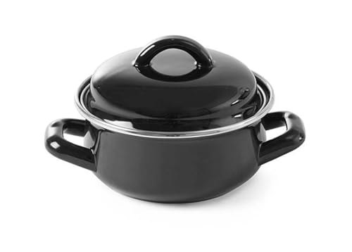 HENDI Mini-Cocotte, emailliert, mit Deckel, geflanschter Rand, geeignet für Gasherde, kleiner Suppentopf, kleiner Serviertopf, Schmortöpfchen, Saucentopf, 0,8L, ø140x(H)110mm, Edelstahl, Schwarz von HENDI