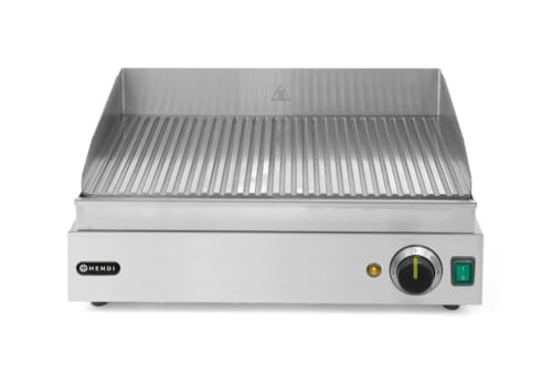 HENDI Grillplatte, Entnehmbare Festtschublade, Temperatur bis 300°C regelbar, gerillte Ausführung, Elektrogrill, Tischgrill, Gastrogrill, 230V, 2400W, 550x380x(H)240mm, Edelstahl 18/0 von HENDI