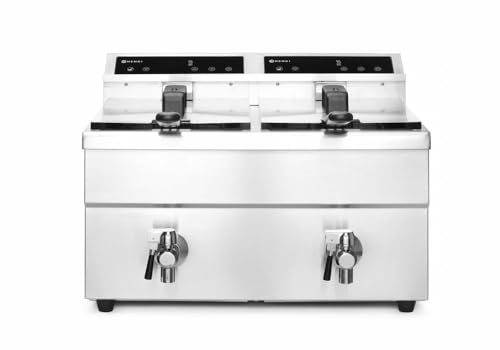 HENDI 215029 Induktionsfriteuse, Doppelt, mit 2 Frittierkörbe und 2 Deckel, Präzise Temperatur Kontrolle, mit Timer, überhitzungsshutz, 2x8L, 230V, 7000W, 580x485x(H)406mm, Edelstahl von HENDI