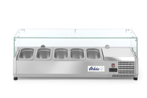 HENDI Aufsatzkühlvitrine, 4 höhenverstellbaren Füßen, Temperatur von -2 bis 8°C, Digitales Bedienfeld, elektronisches Thermostat, 5x GN 1/4, 230V, 180W, 1205x335x(H)430mm, Edelstahl von HENDI