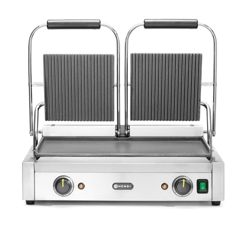 HENDI Kontaktgrill, Doppelversion, Elektrogrill, Tischgrill, Sandwichtoaster, Regelbar bis max. 300°C, Oberseite (H)530mm, Grillfläche 475x230mm, 230V, 3600W, 570x370x(H)210mm, Edelstahl von HENDI