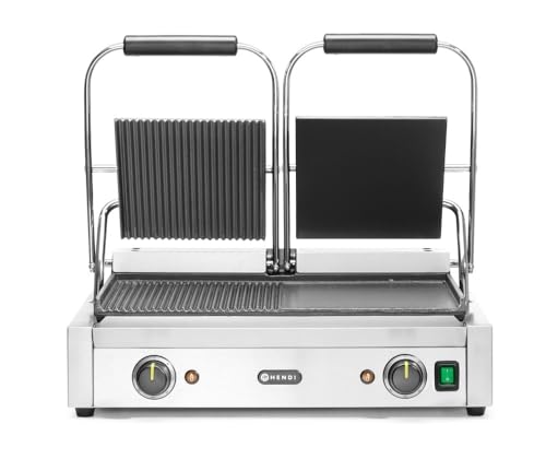 HENDI Kontaktgrill, Doppelversion, Elektrogrill, Tischgrill, Sandwichtoaster, Regelbar bis max. 300°C, Oberseite (H)530mm, Grillfläche 475x230mm, 230V, 3600W, 570x370x(H)210mm, Edelstahl von HENDI