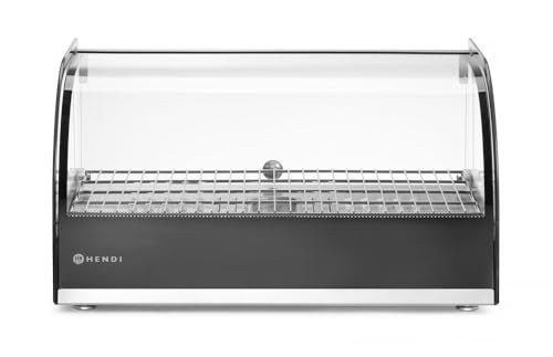 HENDI Warmhaltevitrine, Temperatur regelbar bis 85°C, große Glasture, mit heraunehmbarer Krümelschublade, inklusive feinmaschigem GN 1/1 Rost, einzeln, 230V, 400W, 554x376x(H)311mm, Edelstahl von HENDI