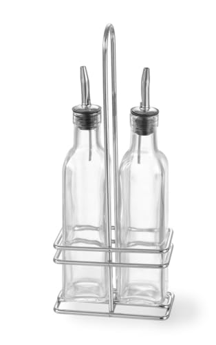 HENDI Menage Essig und Öl, Gestell aus verchromten Stahl, 2 Öl-/Essig Flaschen aus Glas mit Edelstahlausgießer, Gewürzständer, 0,47L, Edelstahl, 2x 237ml von HENDI