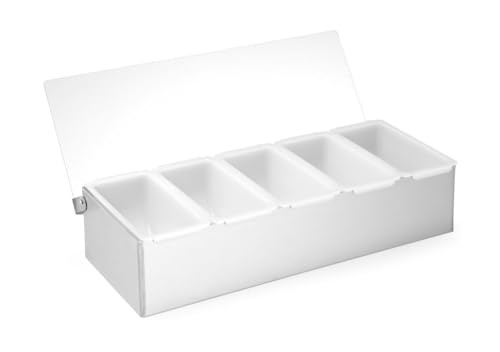 HENDI 552100 Zutatenbehälter, Edelstahl mit transparentem Polypropylen Kunststoffdeckel, mit 5 weißen Polypropylen Kunststoffeinsätzen, 375x140x(H)90mm von HENDI