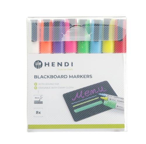 HENDI Kreidemarker, 8 Stifte mit runder Spitze, 1x weiß, 1x rot, 1x blau, 1x grün, 1x gelb, 1x violett, 1x orange und 1x pink, Strichstärke von 3 mm von HENDI