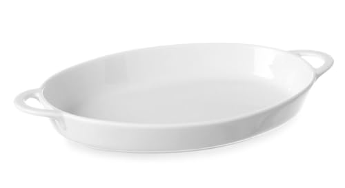 HENDI Ofenform, Oval, mit Ohrengriffen, Tapasschälchen, Hohe Schlag- und Verschleißfestigkeit, geeignet für Ofen, Mikrowelle, Geschirrspüler, 270x180x(H)40mm, Weiß Porzellan von HENDI