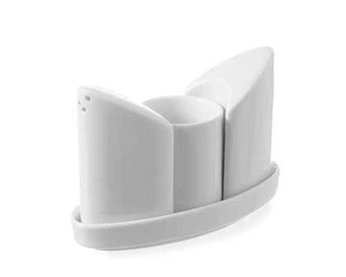 HENDI Menage Set, 3-teilig: 1x Salzstreuer, 1x Pfefferstreuer, 1x Zahnstocherköcher, geeignet für Mikrowelle, Geschirrspüler, 125x54x(h)90mm, Weiß Porzellan von HENDI