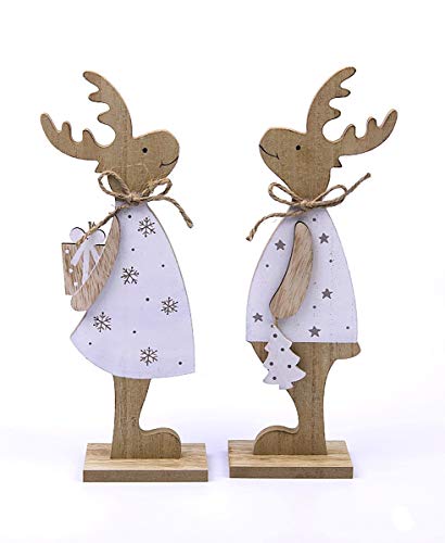 2er Set Deko-Figur aus Holz süßes Elch-Pärchen Junge Mädchen, weiß Natur, 22,5x30x6cm Weihnachts-Deko Weihnachten Hirsch Rentier von Hendriks